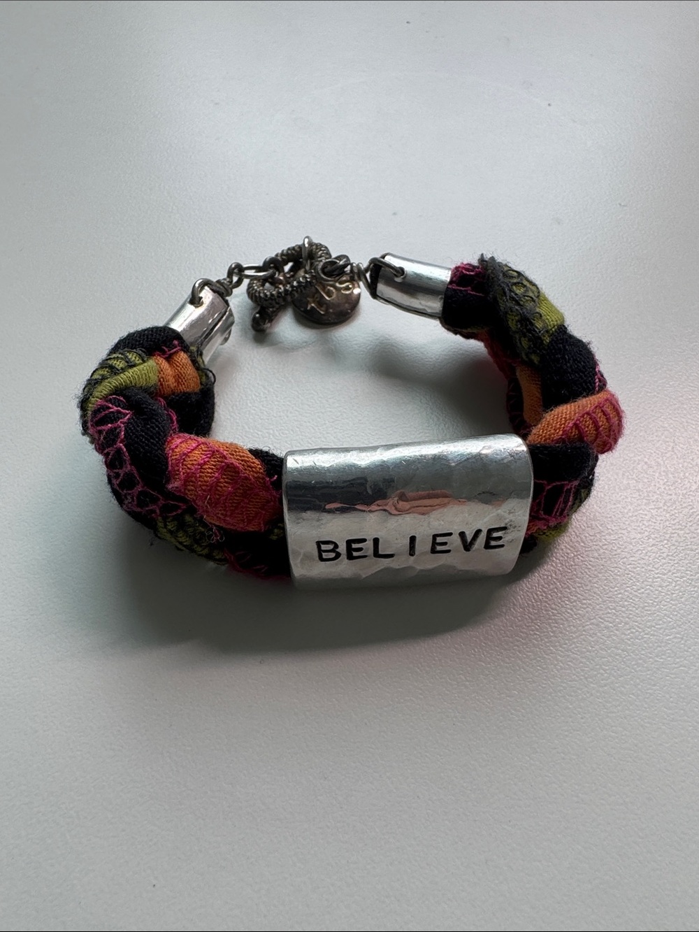 Belief Braided Fabric Bracelet with 'BELIEVE' Silver Plate - Multicolor